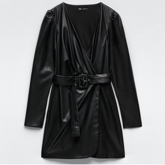 Zara * belted faux leather dress wrap mini black - Picture 6 of 9
